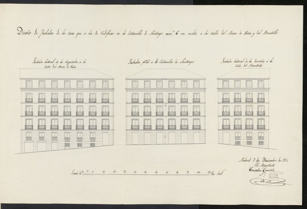 Miniatura de Don Sebastián Pellico y hermanos piden licencia para construir en la calle Costanilla de Santiago, nº 6 (actual nº 2) c/v a la del Bonetillo y a la del Mesón de Paños