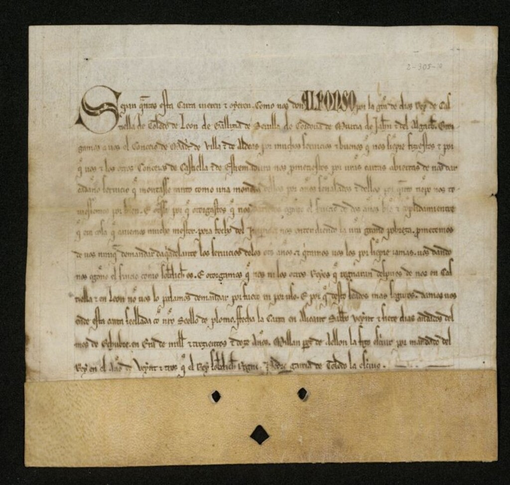 Miniatura de Carta plomada de Alfonso X eximiendo a Madrid de servicios en gracia de los dos ofrecidos por la Villa para financiar el ?Fecho del Imperio?