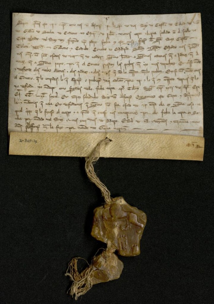 Miniatura de Carta abierta de Alfonso X confirmando la enviada por su padre don Fernando al Concejo de Madrid, prohibiendo la venta de bienes a moros, judíos y miembros de órdenes religiosas