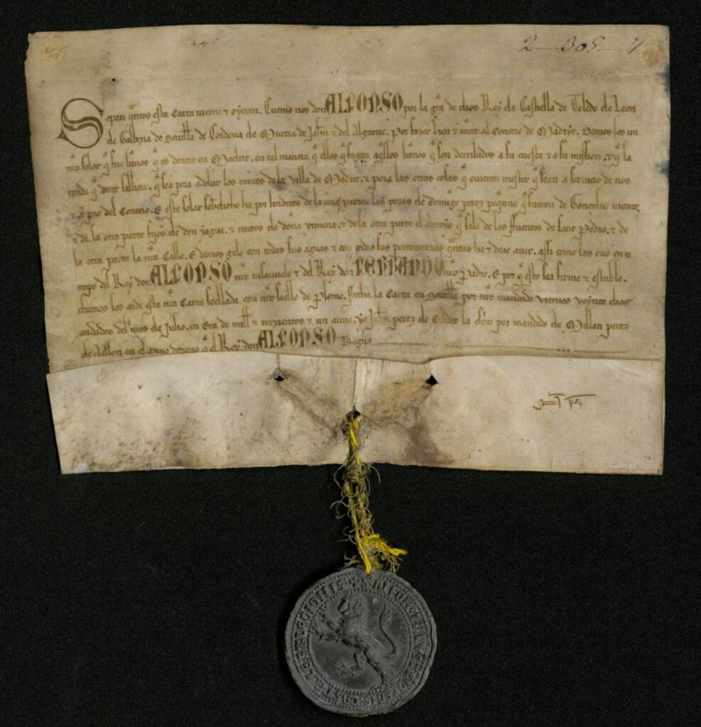 Miniatura de Carta plomada de Alfonso X donando al Concejo de Madrid un solar, donde estuvieron situados los antiguos baños, junto al arroyo que sale de las fuentes de San Pedro