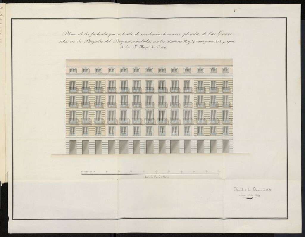 Miniatura de Licencia concedida a Don Miguel Chaves para construir una nueva planta en el edificio situado en la Plazuela del Progreso 12-14 (Actual Plaza Tirso de Molina), manzana 158