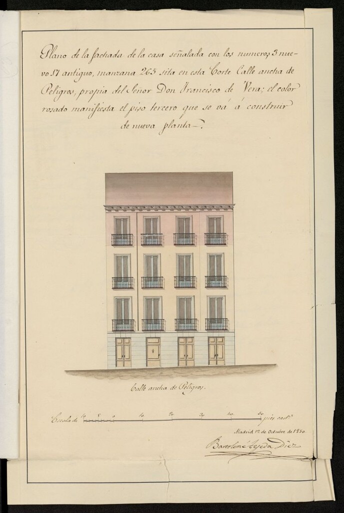 Miniatura de Solicitud de licencia de Don Francisco de Vera para levantar una tercera planta en la casa ubicada en calle Ancha de Peligros 3, manzana 265