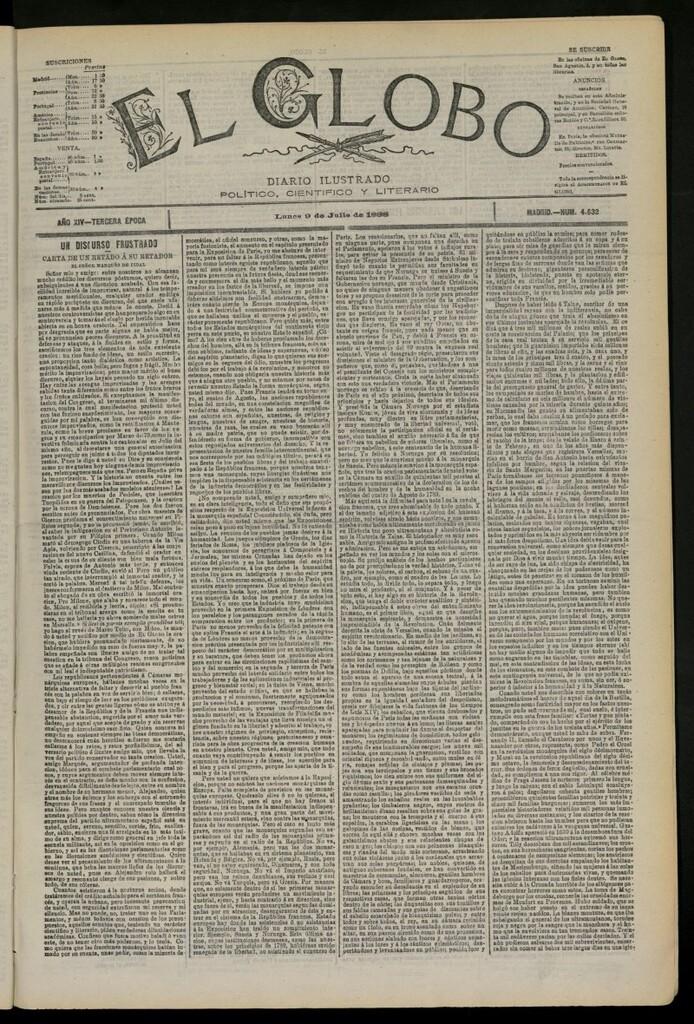 Miniatura de El Globo : diario ilustrado del 9 de julio de 1888, nº 4632