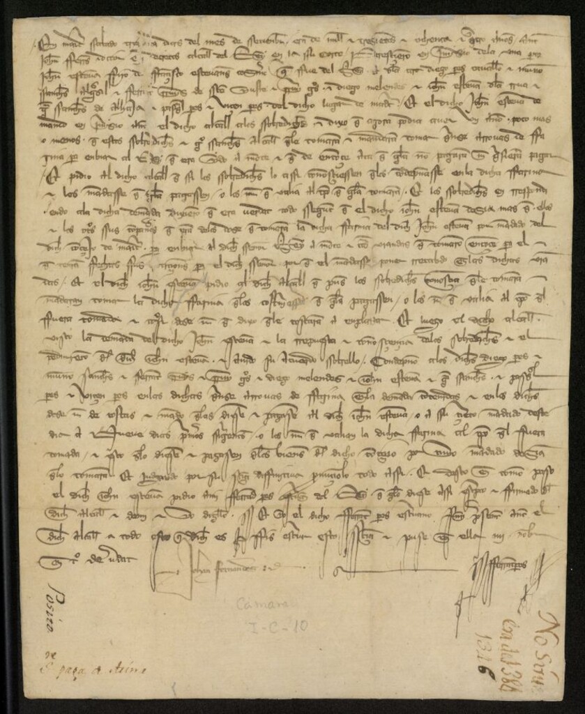Miniatura de Sentencia dada por Juan Fernández, alcalde del Rey, contra ciertos vecinos de Madrid por haber tomado quince arrobas de harina para enviarla en pan cocido al Rey, que se hallaba en el monte y no haberlas pagado