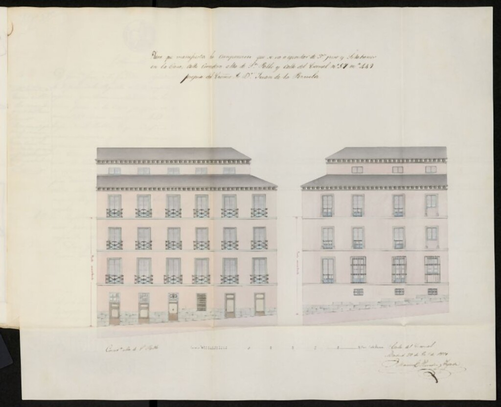 Miniatura de Licencia concedida a Don Francisco José de la Gándara para levantar un tercer piso y sotabanco en el número 57 de la calle Corredera Baja de San Pablo, con vuelta a la del Escorial