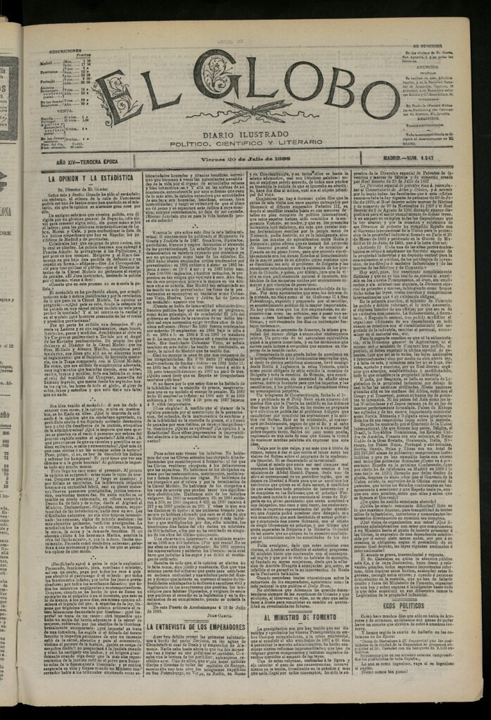 Miniatura de El Globo : diario ilustrado del 20 de julio de 1888, nº 4643