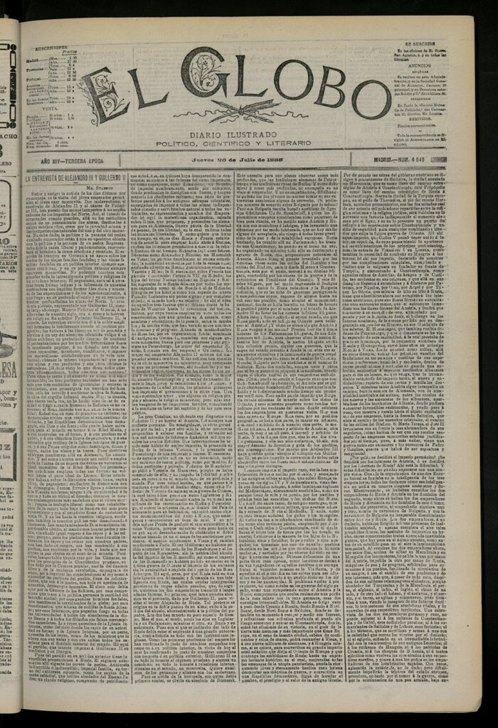 Miniatura de El Globo : diario ilustrado del 26 de julio de 1888, nº 4649