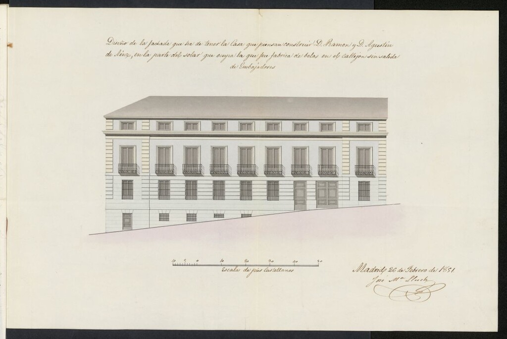 Miniatura de Licencia concedida a Don Ramón de Ainz e Ybarra y a Don Agustín de Aínz y Bengoa para edificar en el Callejón de Embajadores, 6 y 13