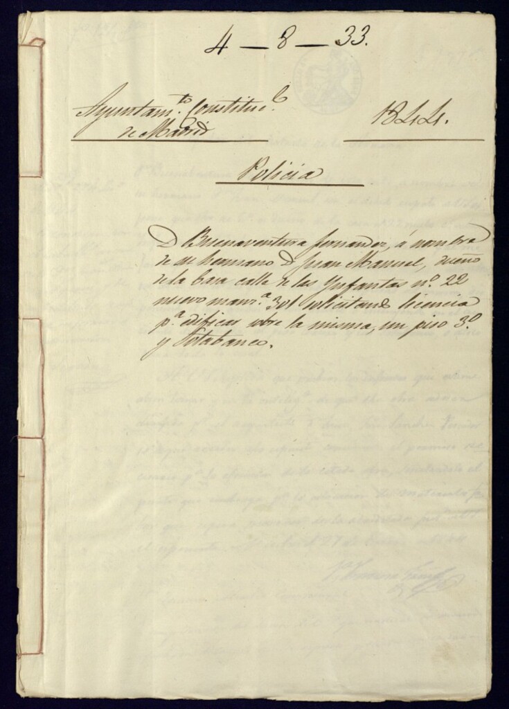Miniatura de Don Buenaventura Fernández a nombre de su hermano don Juan Manuel, dueño de la casa de la calle de las Infantas número 22, nuevo manzana 301, solicitando licencia para edificar sobre la misma, un piso tercero y sotabanco.