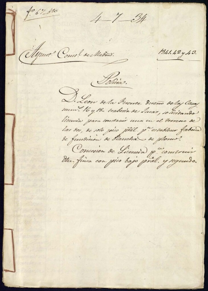 Miniatura de Don León de la Fuente, dueño de las casas nº 16 y 18, travesía de Jucar, solicitando licencia para construir una en el terreno de las dos, de solo piso principal, para establecer fabrica de fundición de plancha de plomo.
 Concesión de licencia para construir otra finca con piso bajo principal y segundo.