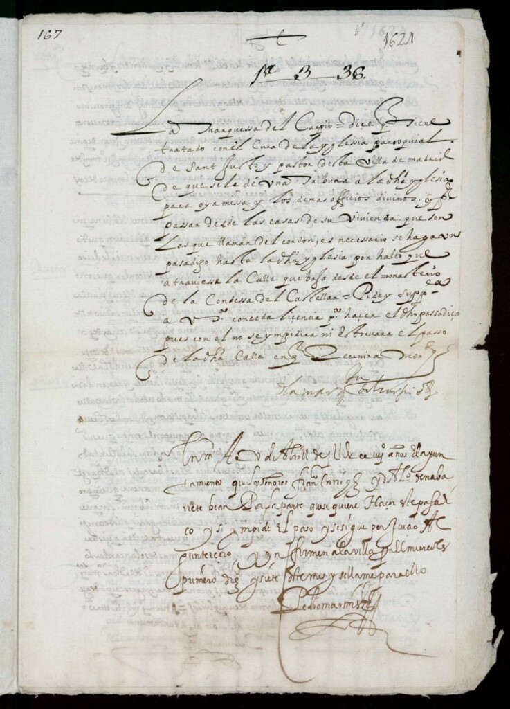 Miniatura de la marquesa de Carpio pidiendo licencia para construir un pasadizo en alto desde unas casas llamadas del Cordón hasta la Parroquia de San Justo.