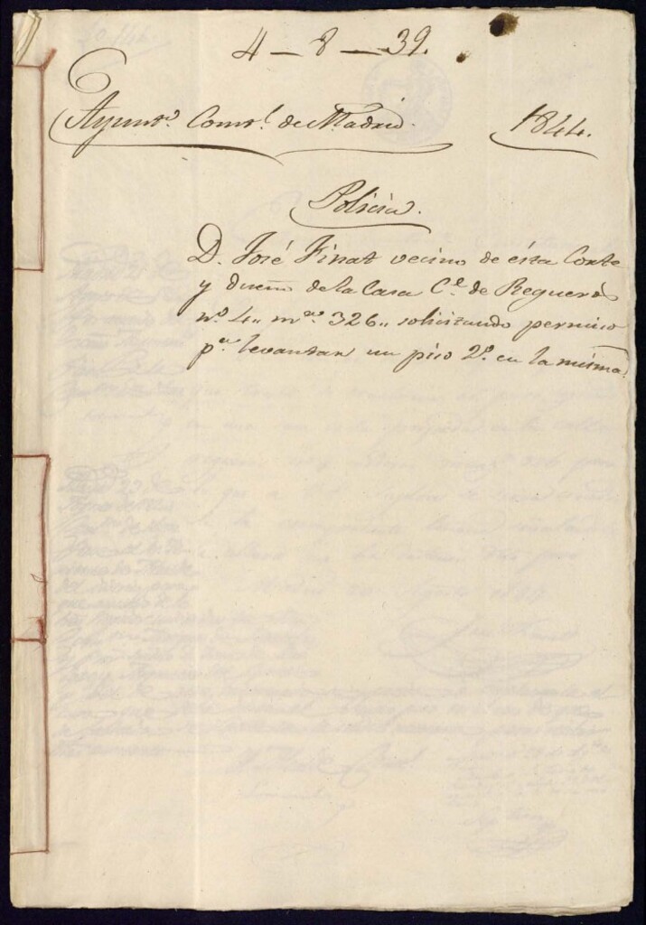 Miniatura de Don José Finat, vecino de esta Corte y dueño de la casa de la calle de Regueros, 4, manzana, 326, solicitando permiso para levantar un piso segundo en la misma.