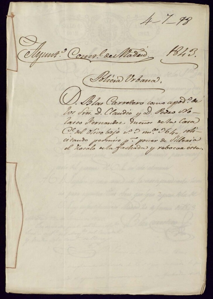 Miniatura de Don Blas Carretero como apoderado de los señores don Claudio y don Pedro Nolarco Fernández, dueños de la casa de la calle del Olivo bajo, 3 manzana 364, solicitando permiso para poner de silleria el zócalo de la fachada y rebocar esta