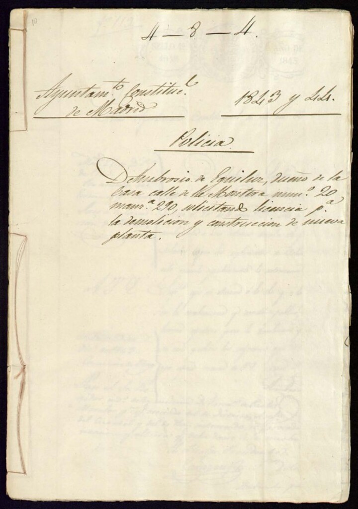 Miniatura de Don Ambrosio de Eguiluz, dueño de la casa calle de la Montera, 20, en la manzana 290, solicitando licencia para la demolición y construcción de nueva planta.