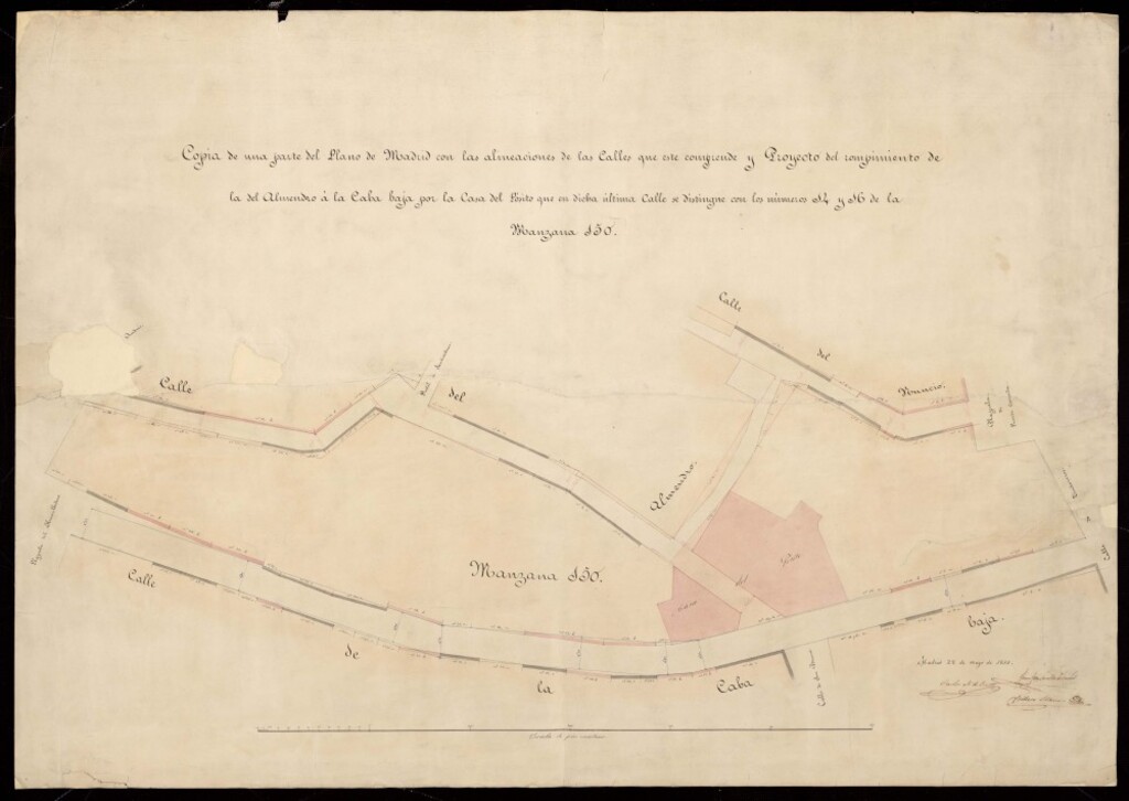 Miniatura de Copia de una parte del plano de Madrid con las alineaciones de las calles que este comprende y proyecto de rompimiento de la del Almendro a la Cava Baja por la Casa del Pósito que en dicha última calle se distingue con los números 14 y 16 de la manzana 15