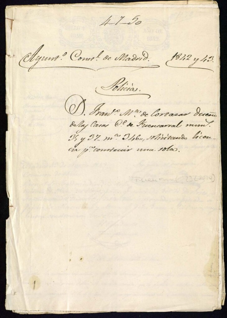 Miniatura de Don Francisco María de Cortázar dueño de las casas de la calle Fuencarral, 35 y 37, manzana 346, solicitando licencia para construir una sola.