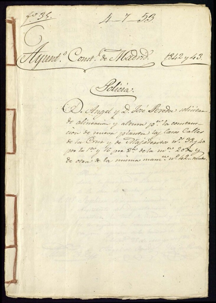 Miniatura de Don Ángel y D. José Pereda solicitando alineaxión y altura para la construcción de nueva planta de casas, calles de la Cruz y de Majaderitosnº 38 y 40, por la 1ª y 16 por 2ª de la manzana 208 y otra de la misma manzana en el nº 42 nuevo.