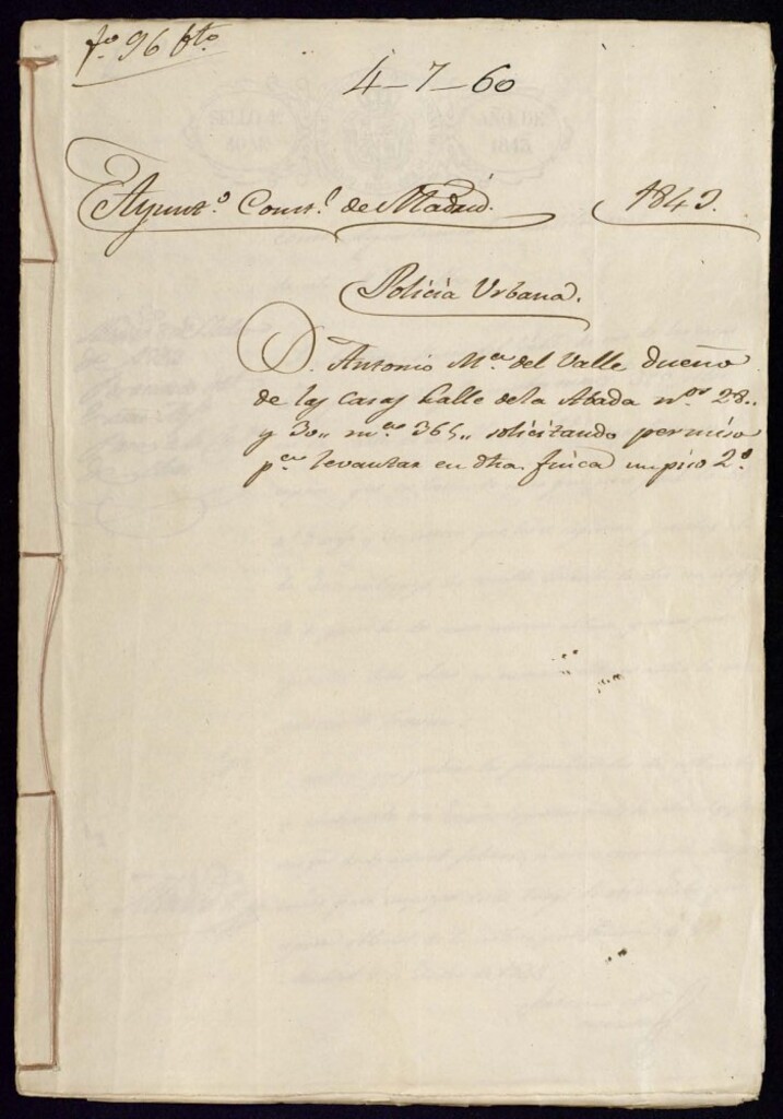 Miniatura de Don Antonio María del Valle dueño de las casas Calle de la Abada número 28 y 33, manzana 365, solicitando permiso para levantar en dicha finca un piso segundo.