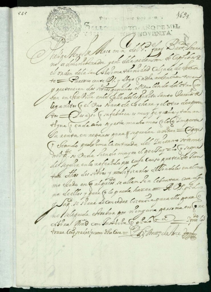 Miniatura de Licencia a Don Felipe Antonio de Arce en nombre del Padre Fray Bartolomé Serrano, adminitrador del Orden de Trinitarios Calzados, para rectificar unas casas en la Calle del Espíritu Santo propios de dicha orden, hoy Cruz del Espñiritu Santo