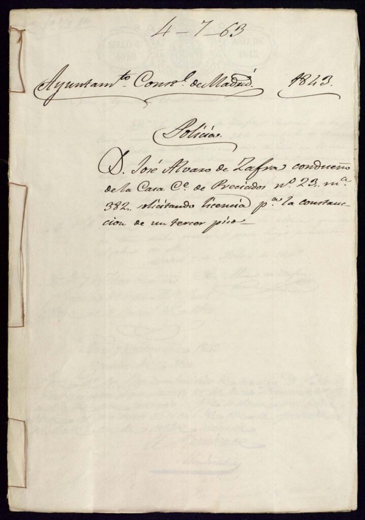 Miniatura de Don José Álvaro de Zafra condueño de la casa de la calle Preciados, 23, manzana 382, solicitando licencia para la construcción de un tercer piso.