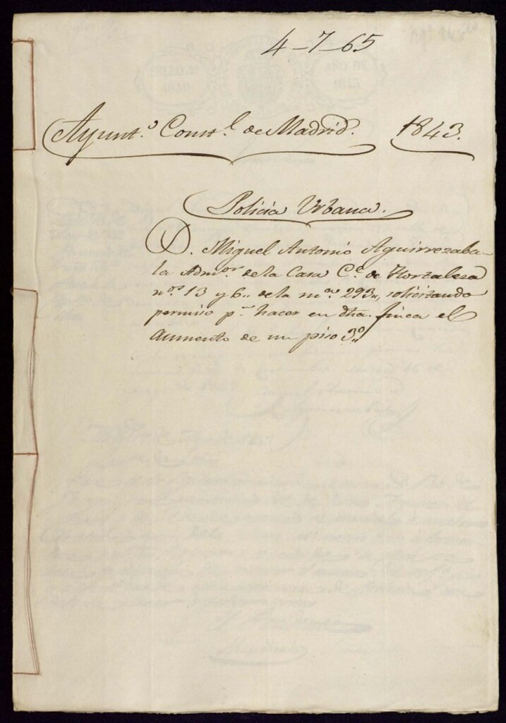 Miniatura de Don Miguel Antonio Aguirrezabala, administrador de la casa de la calle de Hortaleza, 13 y 6, de la manzana 293, solicitando permiso para hacer en dicha finca el aumento de un piso tercero.