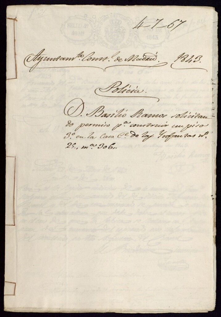 Miniatura de Don Basilio Ramos solicitando permiso para construir un piso tercero en la casa de la calle de las Infantas, 25, manzana 306