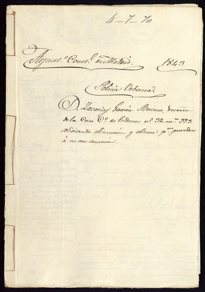 Miniatura de Don Zacarías García Bueno, dueño de la casa de la Calle de Tudescos, 32, manzana 373 solicitando alineación y altura para proceder a su construcción.