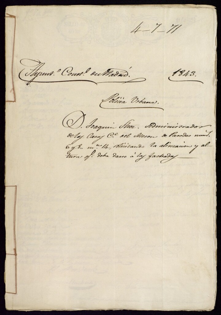 Miniatura de Don Joaquín Sánchez, administrador de las casas de la calle del Mesón de Paredes, 6 y 8 manzana 14 solicitando la alineación y altura que deba darse a las fachadas.