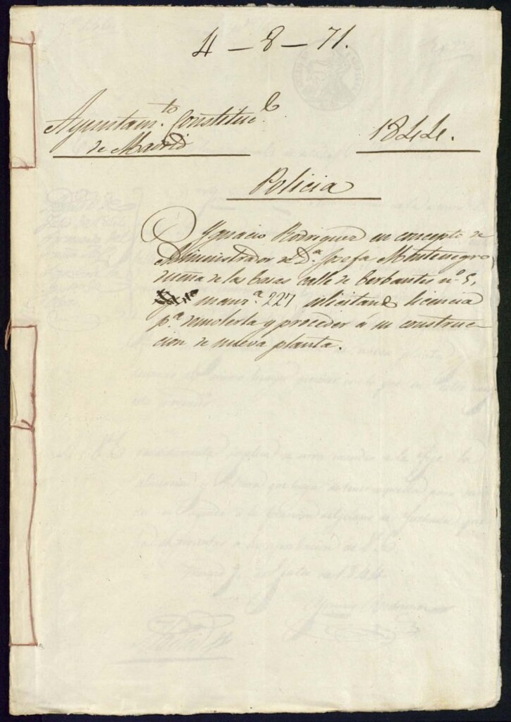 Miniatura de Don Ignacio Rodríguez en concepto de administrador de doña Josefa Montenegro dueña de las casas de la calle de Cervantes, 5, manzana 227 solicitando licencia para demolerla y proceder a su construcción de nueva planta