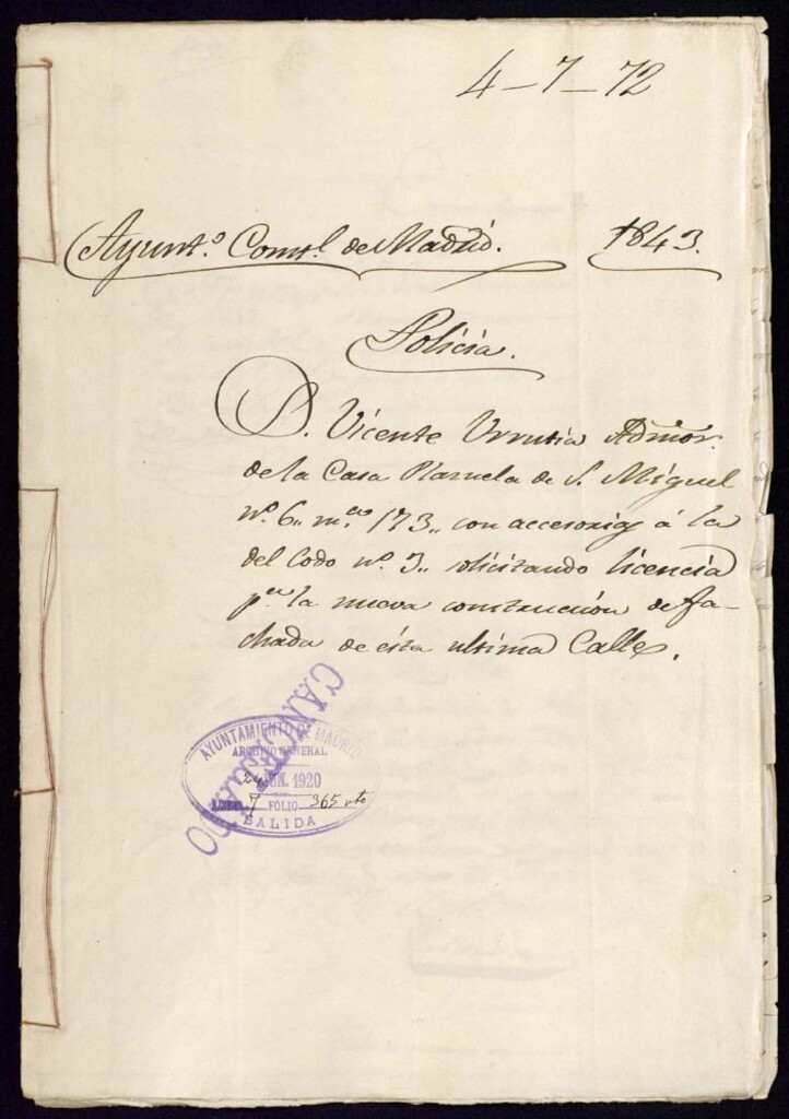 Miniatura de Don Vicente Urrutia, administrador de la casa de la Plazuela de San Miguel, 6 manzana 173, con accesorias a la del Codo, 3, solicitando licencia para la nueva construcción de fachada de esta útlima