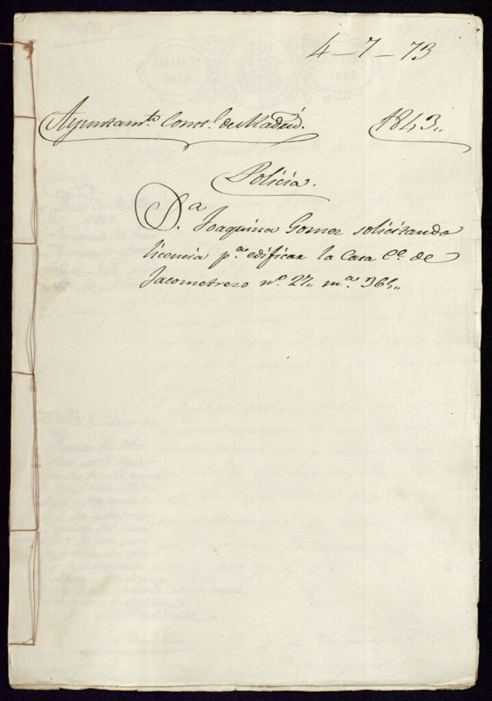 Miniatura de Doña Joaquina Gómez, solicitando licencia para edificar la casa de la calle de Jacometrezo, 27, manzana 365