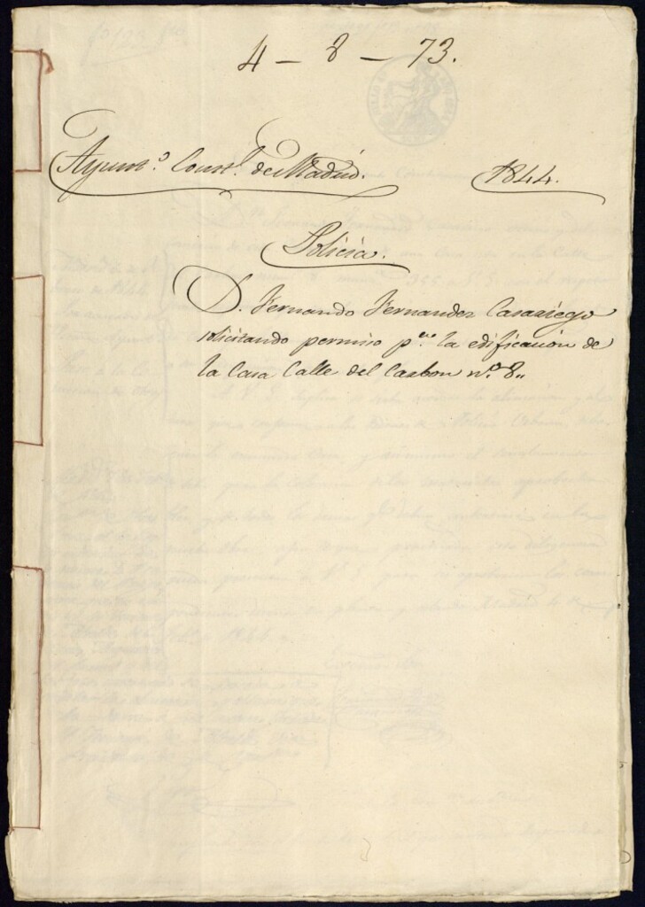 Miniatura de Don Fernando Fernández Casariego, solicitando permiso para la edificación de la casa de la calle del Carbón, 8, manzana 355