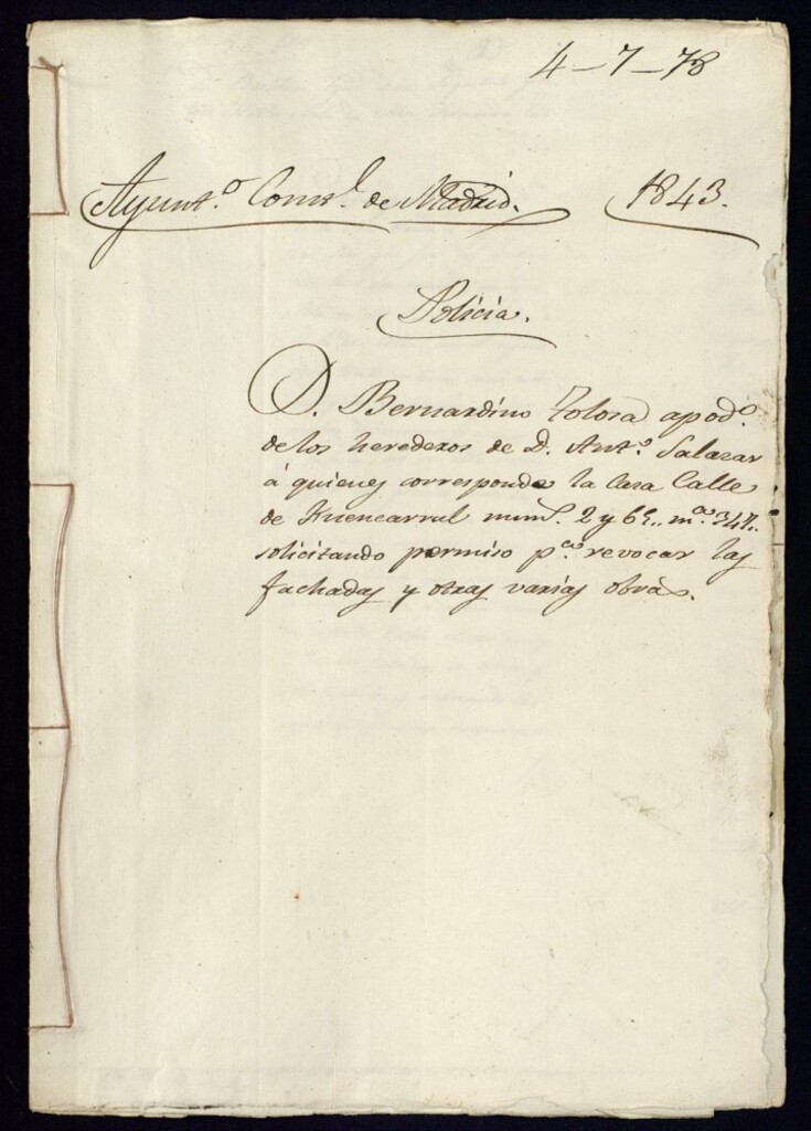 Miniatura de Don Bernardino Tolosa apodo de los heredos de don Antonio Salazar a quienes corresponde la casa calle de Fuencarral, 2 y 65, manzana 347, solicitando permiso para revocar las fachadas y otras varias obras.