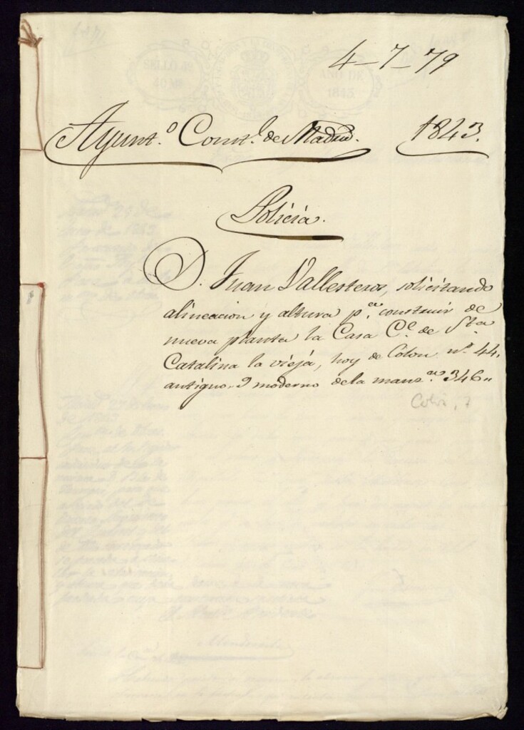 Miniatura de Don Juan Vallesteros, solicitando alineación y altura para construir de nueva planta la casa de la calle de Santa Catalina la vieja, hoy de Colón, 44, antiguo 9 moderno de la manzana 346