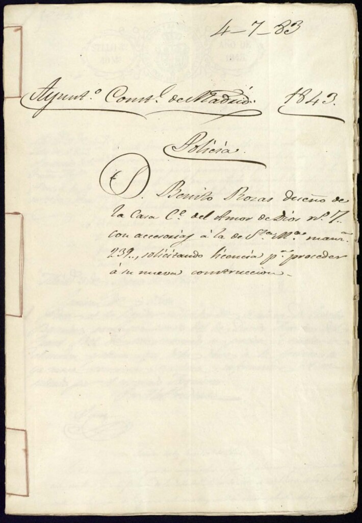 Miniatura de Don Benito Rozas, dueño de la casa de la calle del Amor de Dios, 7, con accesorias a la de Santa María manzana 239, solicitando licencia para proceder a su nueva construcción.