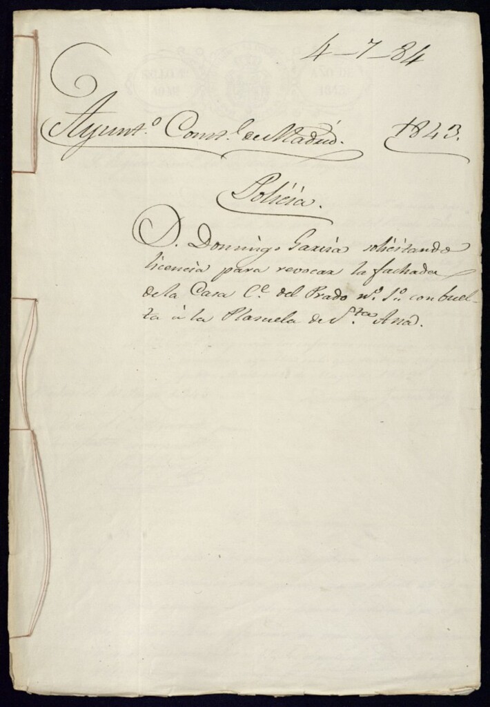 Miniatura de Domingo García solicitando licencia para revocar la fachada de la casa de la calle del Prado, 1, con vuelta a la Plazuela de Santa Ana.