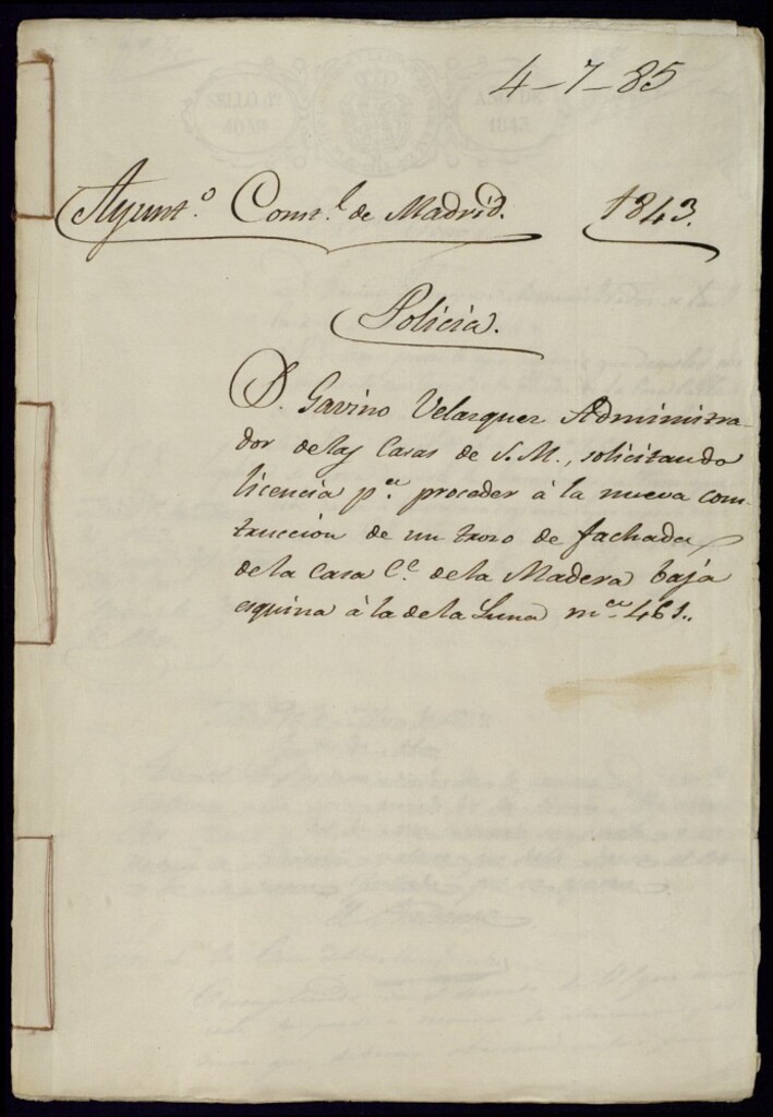 Miniatura de Don Gavino Velázquez, administrador de las casas de Su Majestad, solicitando licencia para proceder a la nueva construcción de un trozo de fachada de la casa de la calle de la Madera baja esquina a la de la Luna, manzana 461.