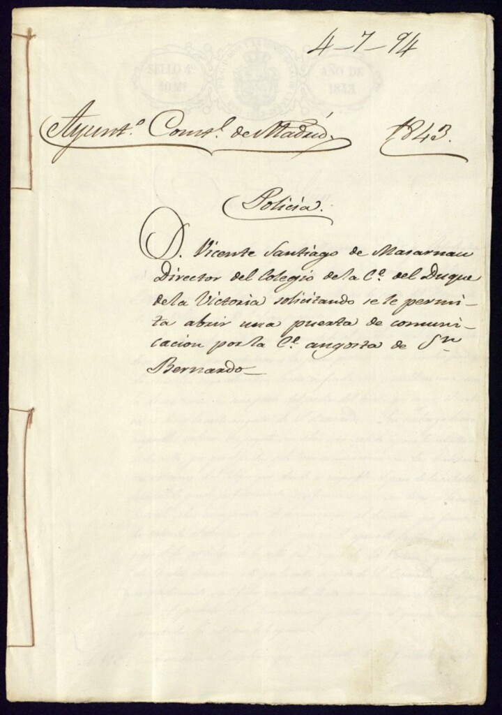 Miniatura de Don Vicente Santiago de Masnau, director del Colegio de la Calle del Duque de la Victoria solicitando se le permita abrir una puerta de comunicación por la calle angosta de San Bernardo.