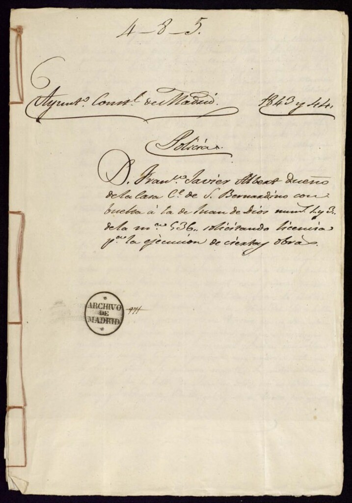 Miniatura de Don Francisco Javier Albert, dueño de la casa de la calle de San Bernardino con vuelta a la a de Juan de Dios, 1 y 3, de la manzana 536, solicitando licencia para la ejecución de ciertas obras.