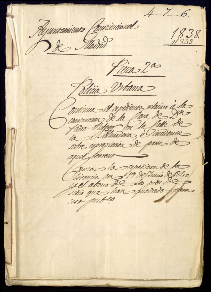 Miniatura de Continua el expediente relativo á la construcción de la casa de Don Pedro Pulgar en la calle de la Amudena es incidente sobre expropiación de parte de aquel terreno. Consta la expedición de la licencia en 19 de Junio de 1840, y el abono de los pies de sitio que han quedado para su uso público.