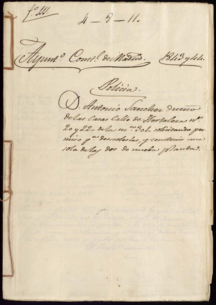 Miniatura de Don Antonio Sánchez dueño de las casas de la calle de Hortaleza, 20 y 22 de la manzana 301, solicitando permiso para demolerlas y construir una sola de las dos de nueva planta.