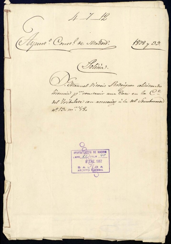 Miniatura de Don Manuel Vitorio Rodríguez solicitando licencia para construir una casa en la calle del Tribulete con accesorias a la del Sombrerete, 13, manzana 58.