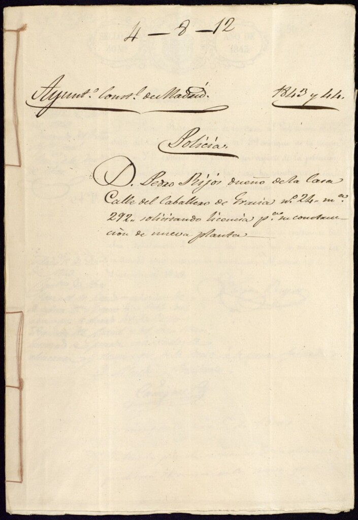 Miniatura de Don Pedro Rijós dueño de la casa de la calle del Caballero de Gracia, 24 manzana 292, solicitando licencia para su construcción de nueva planta.