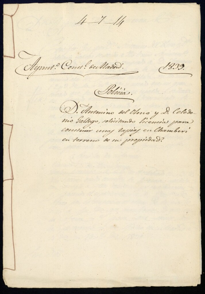 Miniatura de Don Antonio del Olmo y don Celedonio Gallego, solicitando licencia para construir más tapias en Chamberí en terreno de su propiedad.