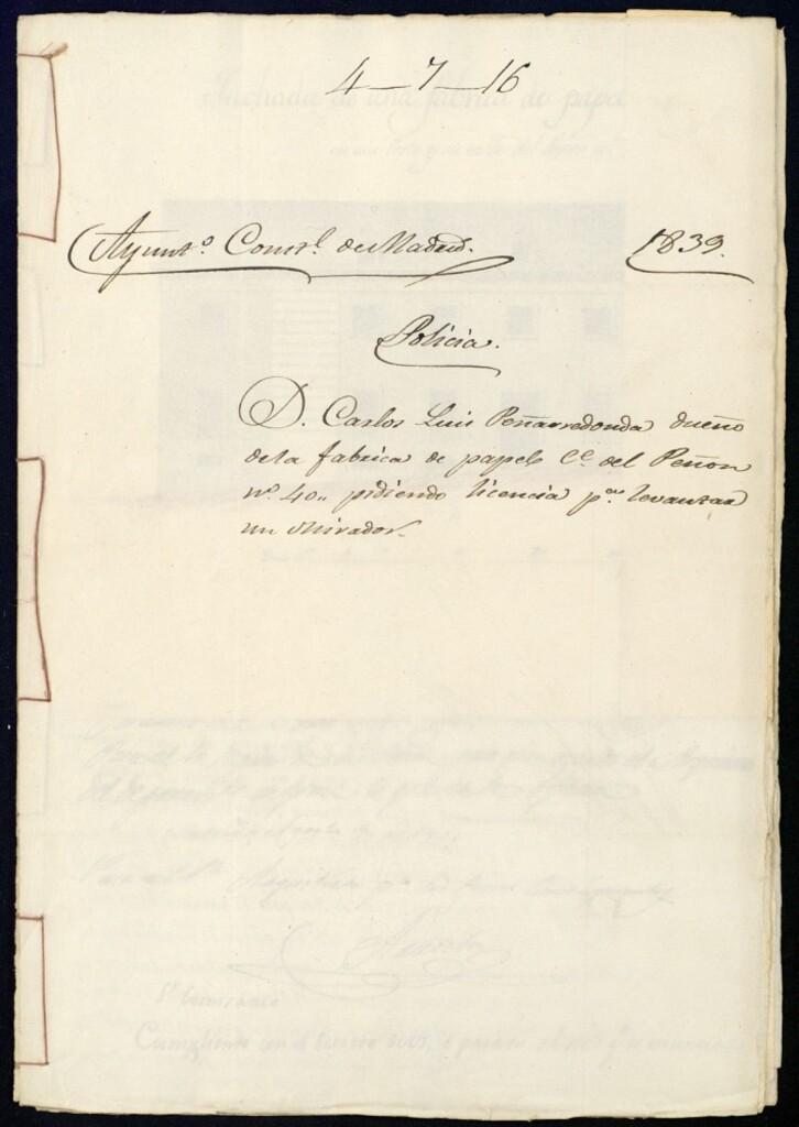 Miniatura de Don Carlos Luis Peñarredondo, dueño de la fábrica de papeles de la calle del Peñón, 40, manzana 92, piendo licencia para levantar un mirador.