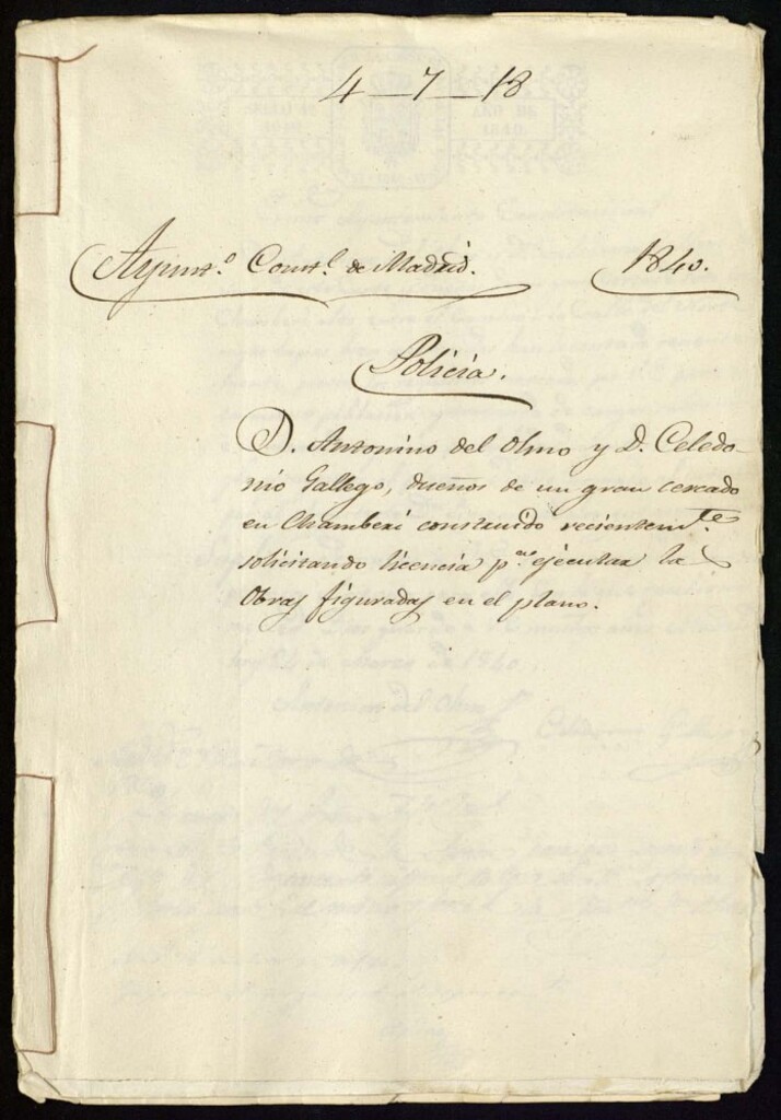 Miniatura de Don Antonino del Olmo y don Celedonio Gallego dueños de un gran cercado en Chamberí construido recientemente solictando licencia para ejecutar las obras figuradas en el plano.