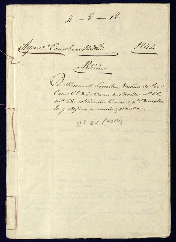 Miniatura de Don Manuel Sánchez dueño de la casa de la calle del Mesón de Paredes, 66, manzana 68, solicitando licencia para demolerla y edificar de nueva planta.