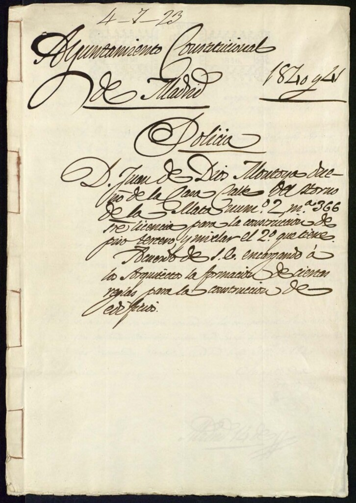 Miniatura de Don Juan de Dios Montoya dueño de la casa de la calle del Horno de la Mata, 2, manzana 366, sobre licencia para la construcción de piso tercero y nivelar el segundo que tiene.