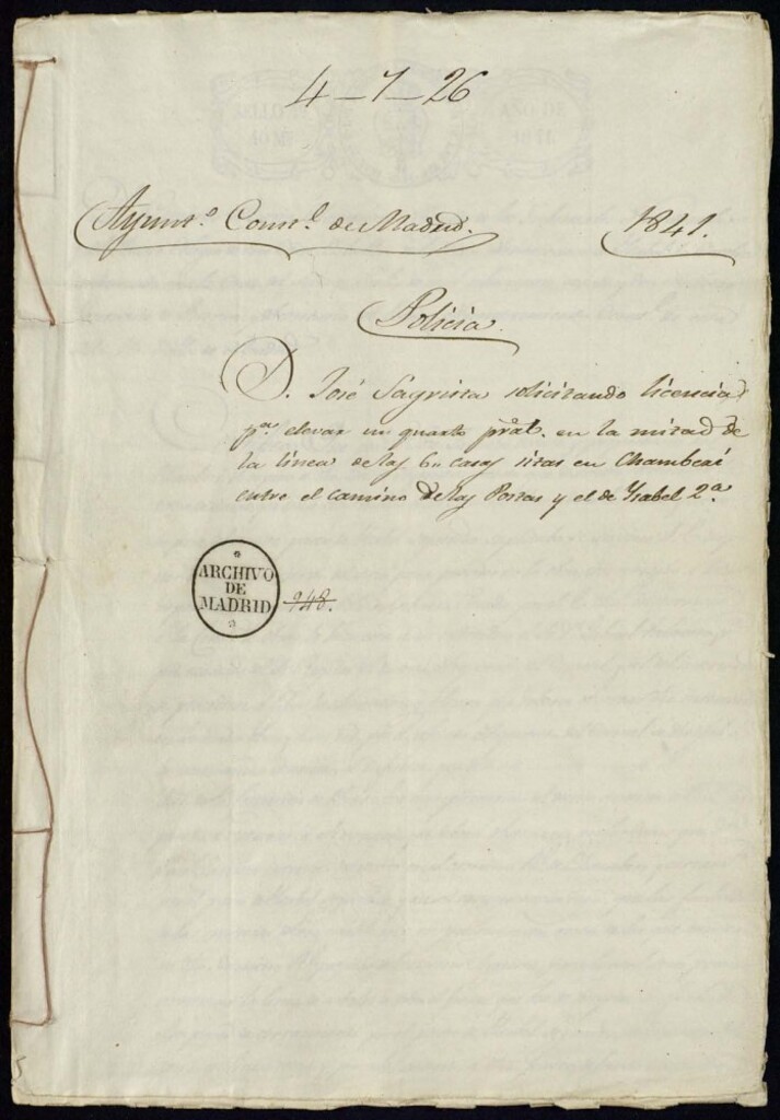 Miniatura de Don José Sagrita solicitando licencia para elevar un quarto principal en la mitad de la línea de las seis casas situadas en Chamberí, entre el Camino de las Postas y el de Isabel II