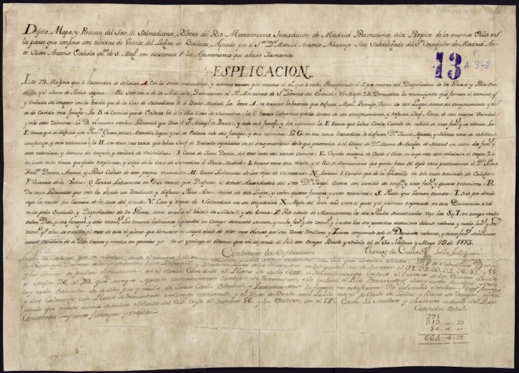 Miniatura de Diseño, mapa y pintura del soto de Salmediana, ribera del río Manzanares, jurisdicción de Madrid, perteneciente a Soto de la Salmediana.La propuesta de la misma V en la parte que confluye con tierras de vecinos del lugar de Vallecas. Aprobado por D.M. [sic]